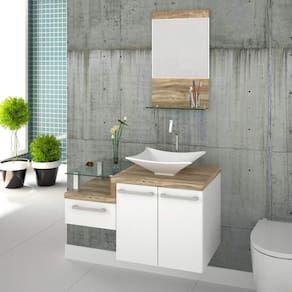 Conjunto para Banheiro Gabinete com Cuba Folha Lux L38 e Espelheira Legno 831W Compace Branco/Carvalho