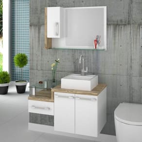 Gabinete para Banheiro 2 Portas 1 Gaveta com Cuba e Espelheira Legno 830W Espresso Móveis Branco/Carvalho