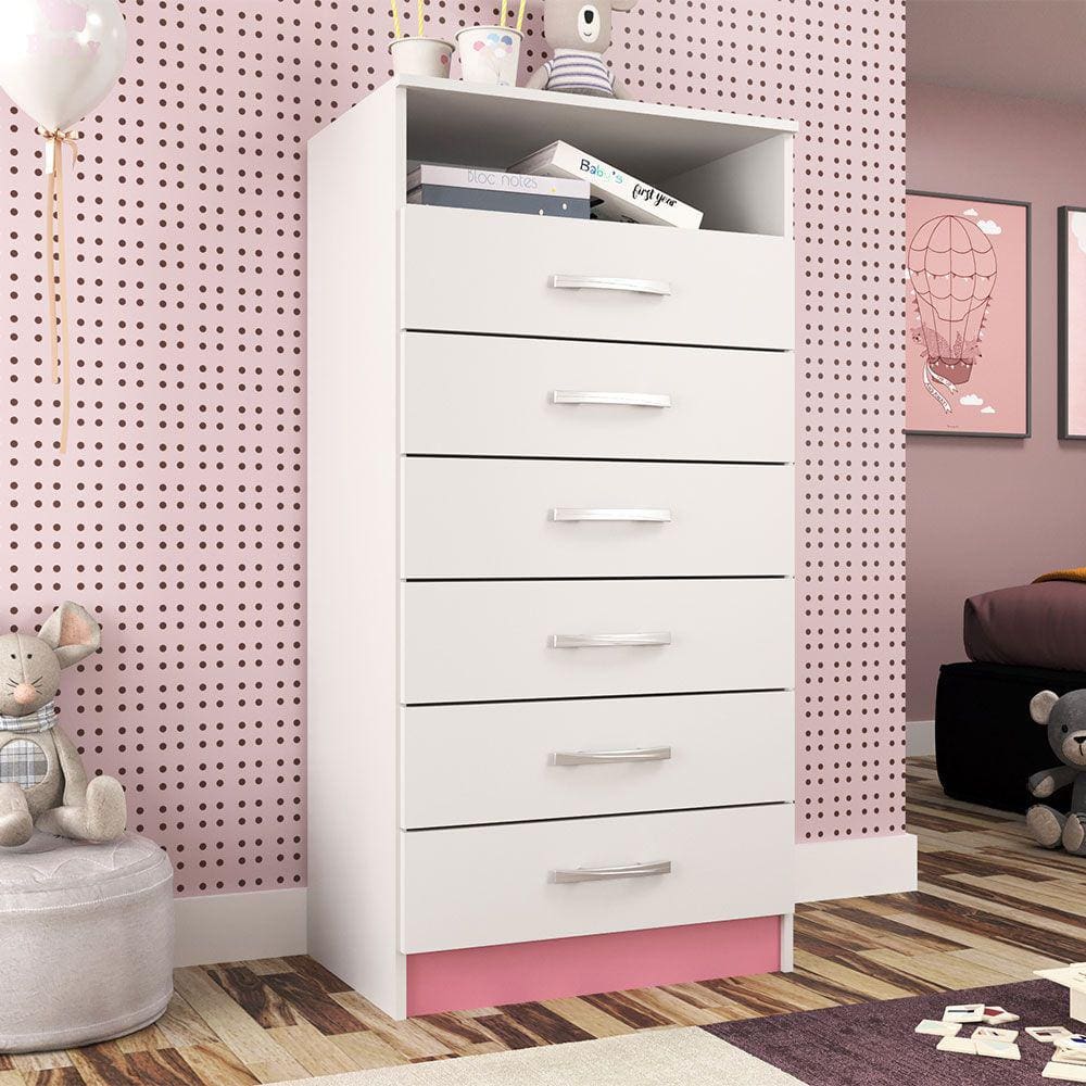 Cômoda com 06 Gavetas e 01 Nicho Maxi Branco/Rosa