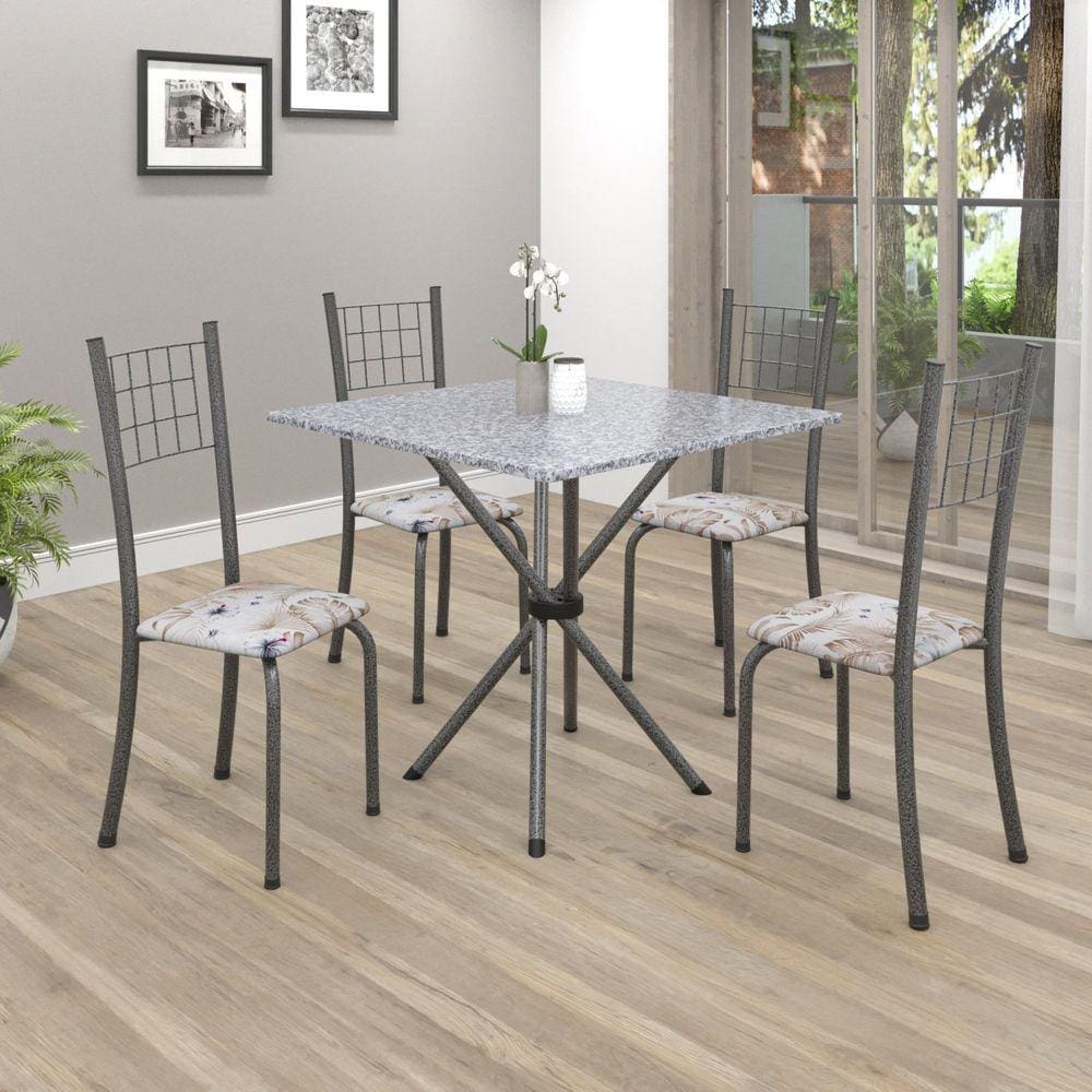 Conjunto de Mesa Tubular 70x70cm Tampo em Granito com 4 Cadeiras Dany Soma Móveis Botanic Bege/Martelado Prata/Granito Ocre