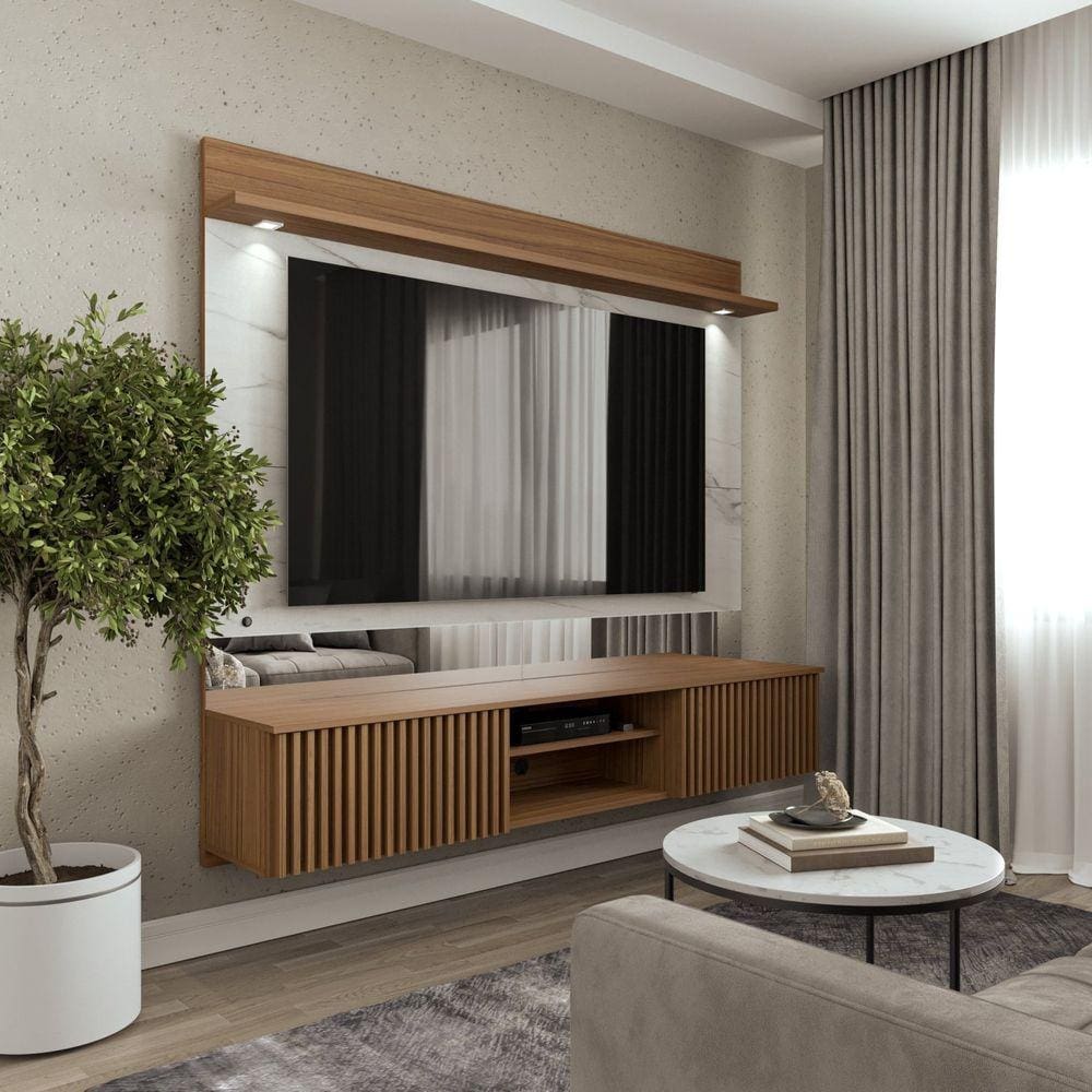 Painel para TV até 65 Polegadas Ripado com Marmorizado 3D e LED Azaléia CabeCasa MadeiraMadeira Noce Milano/Calacatta