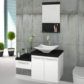 Conjunto para Banheiro Gabinete com Cuba Folha Lux L38 e Espelheira Legno 831W Compace Branco/Preto Onix