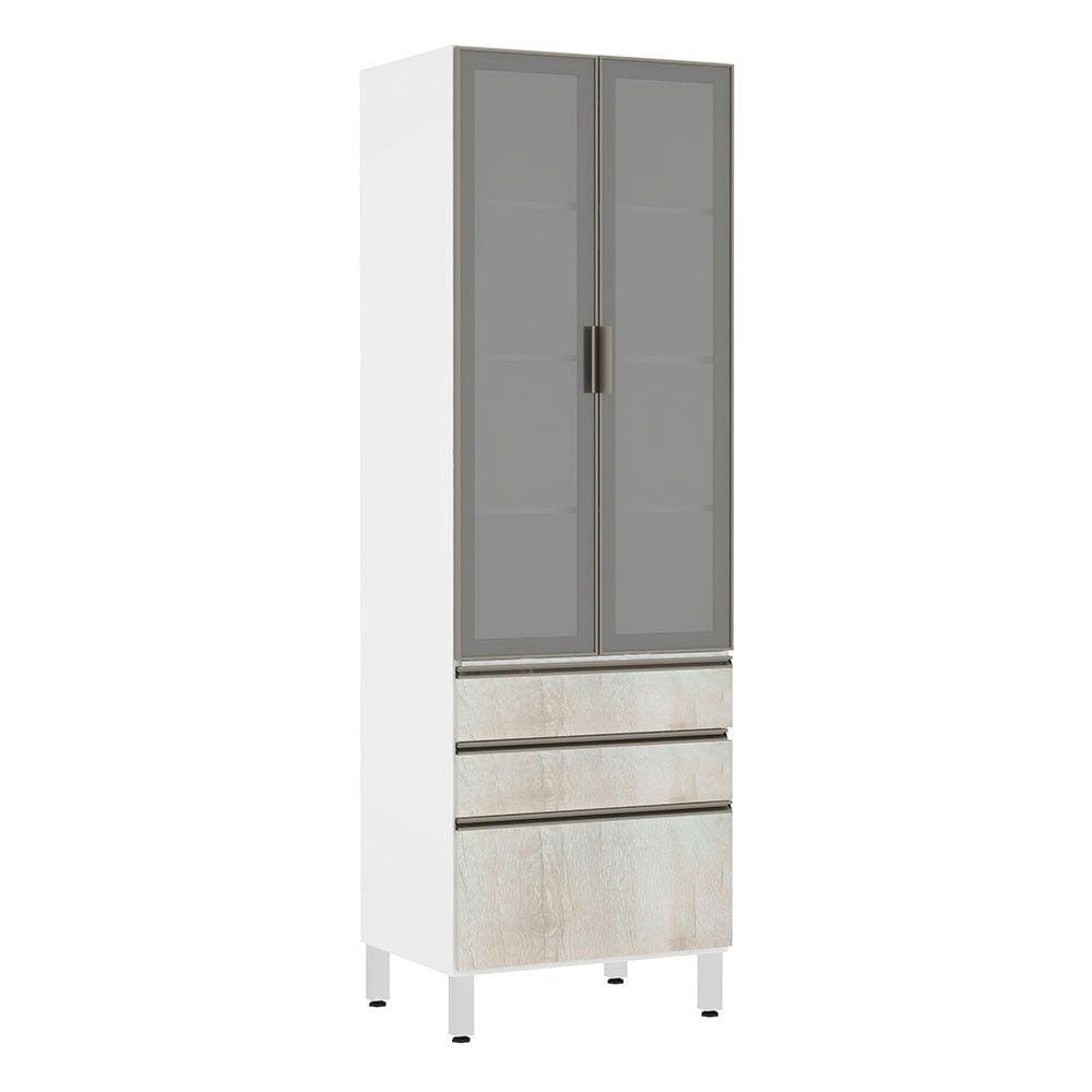 Paneleiro Torre 70cm 2 Portas com Vidro Reflecta Prata 2 Gavetas 1 Gavetão Pérola Luciane Móveis