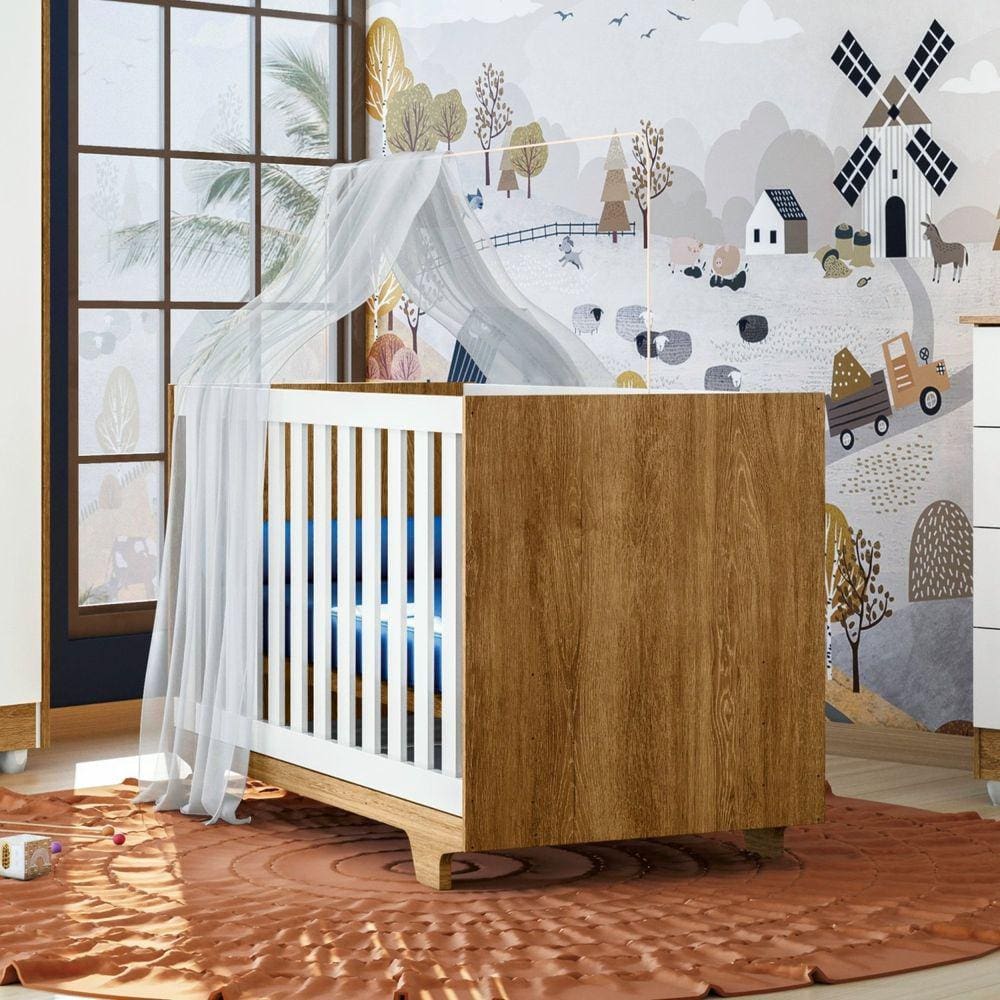 Berço Mini Cama 100% MDF  com Colchão Life Tigus Baby Branco/Madeirado Ypê