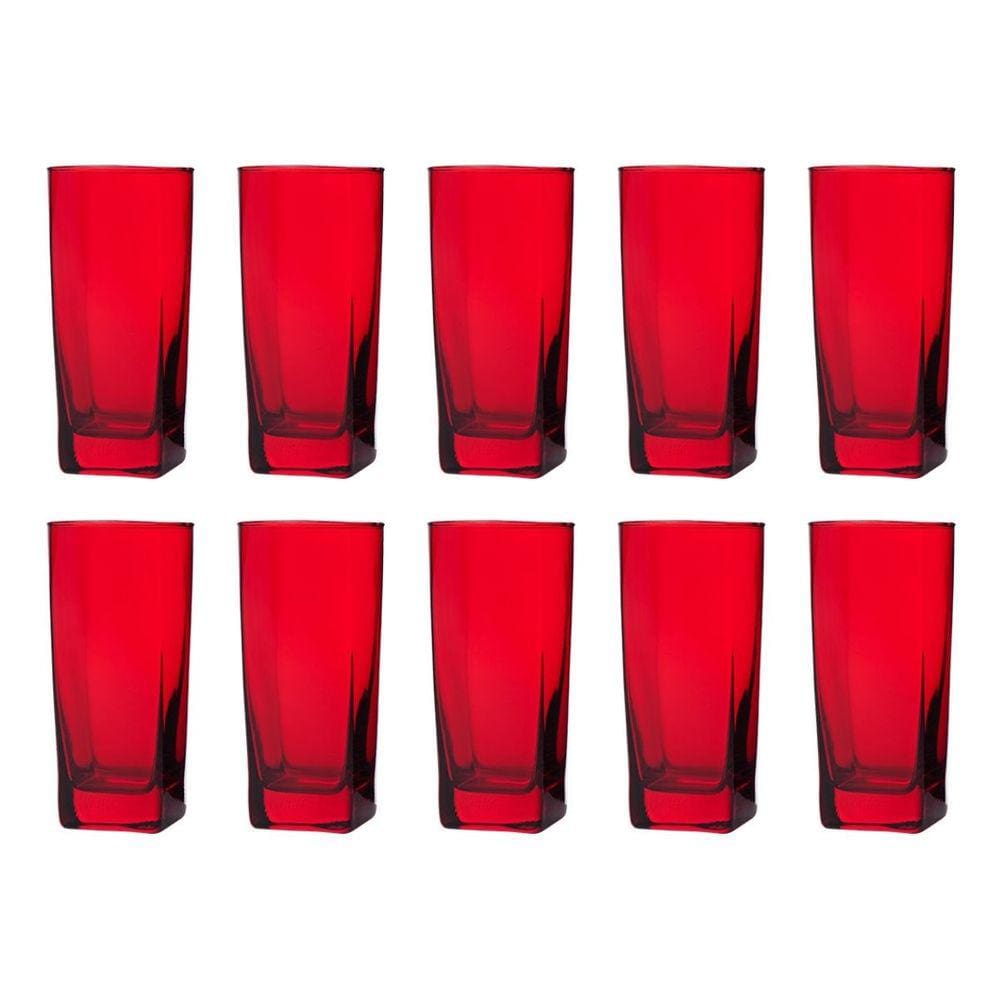 Conjunto Com 10 Copos Vidro Bali Quadrado 320ml Vermelho