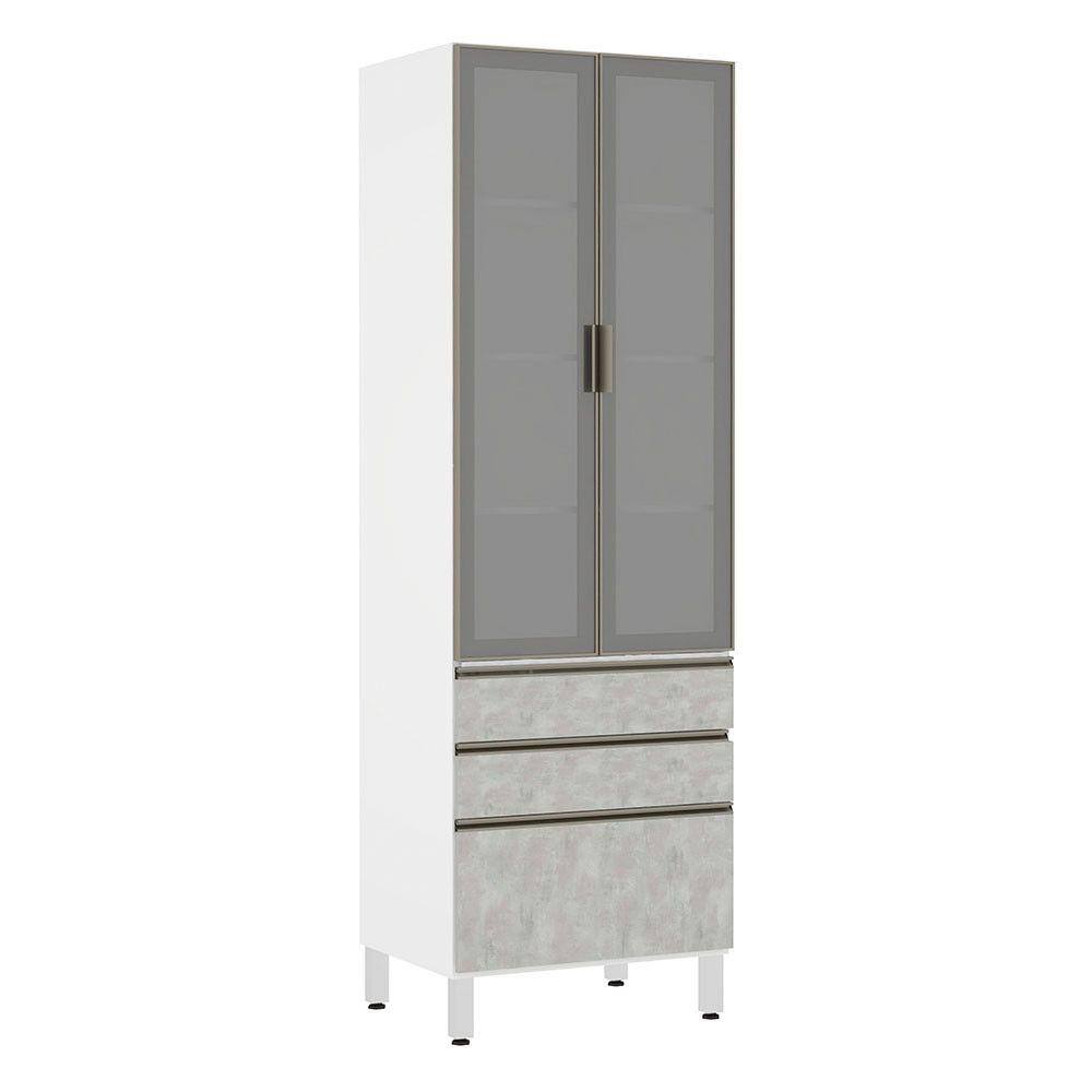 Paneleiro Torre 70cm 2 Portas com Vidro Reflecta Prata 2 Gavetas 1 Gavetão Pérola Luciane Móveis