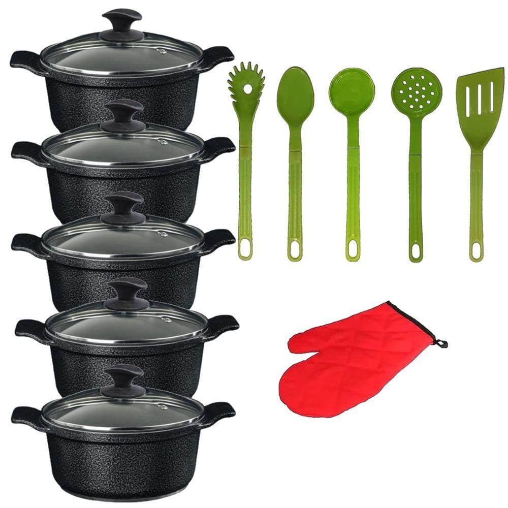 Jogo Panelas Preto Cerâmica Talher Verde Javali AAL 16A24Cm