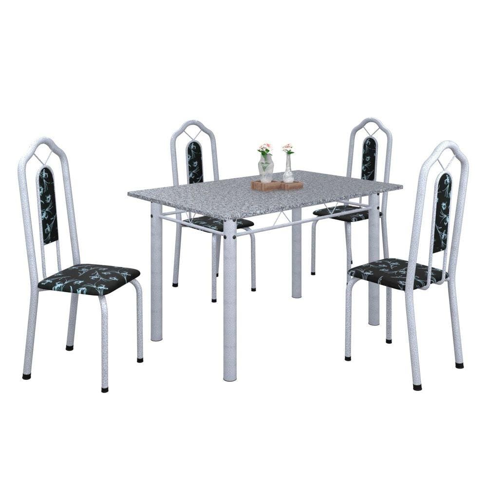 Conjunto de Mesa 120x75cm Tampo Granito com 4 Cadeiras Bianca Soma Móveis Preto floral/Mart Pérola/Granito
