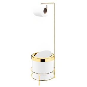 Kit Suporte Porta Papel Higiênico Com Lixeira 5L Cesto Lixo Tampa Basculante Dourado Branco Banheiro - Future