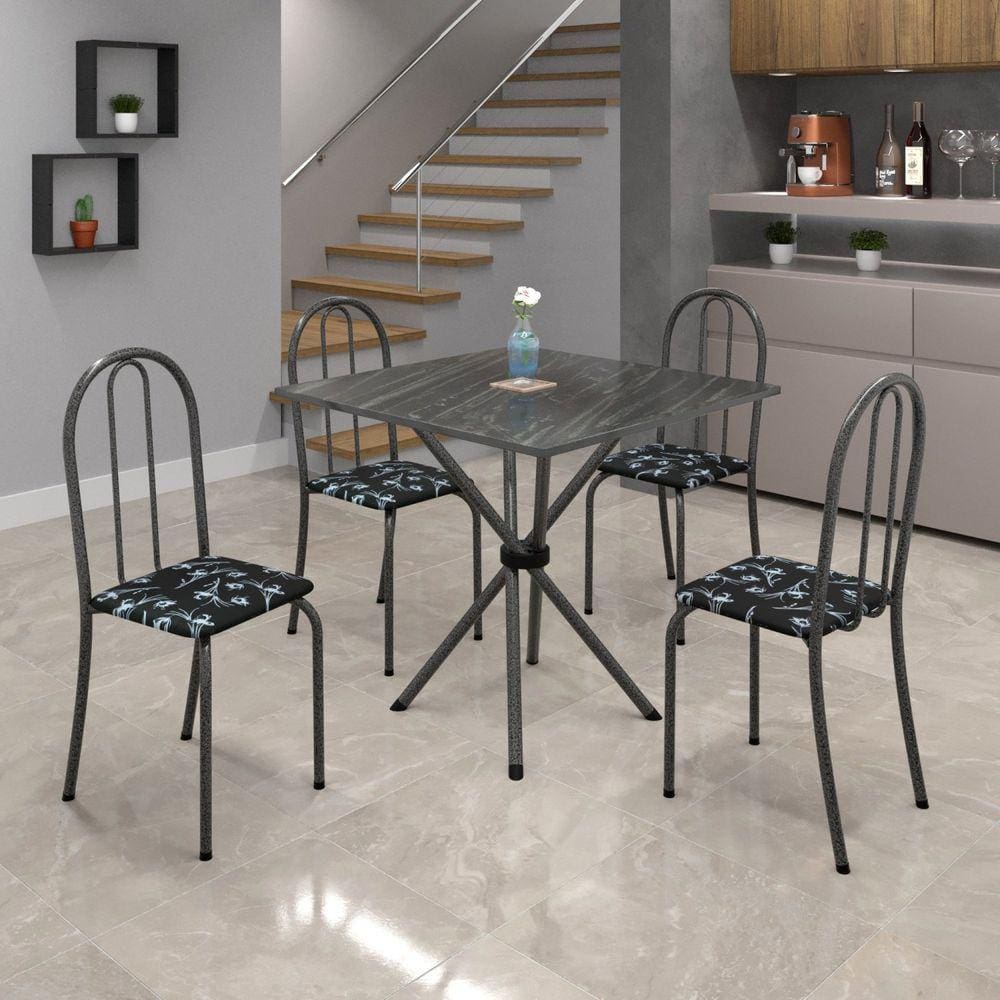 Conjunto de Mesa Tubular 70x70cm Tampo em Ardósia com 4 Cadeiras Ane B Soma Móveis Preto Floral/Mart Prata/Ardósia Indiana