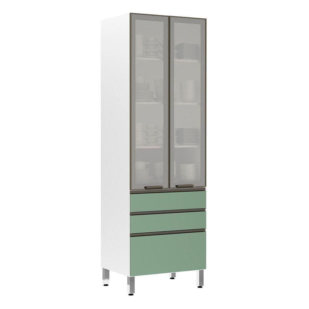 Paneleiro Torre 70cm 2 Portas com Vidro Reflecta Prata 2 Gavetas 1 Gavetão Pérola Luciane Móveis