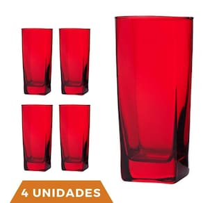 Copo Vidro 320ml Quadrado BALI Jogo com 4 Vermelho Luxo