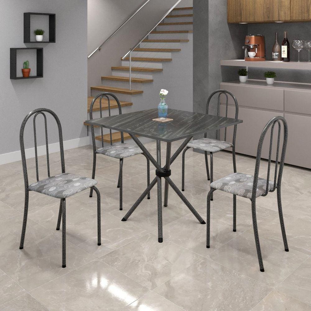 Conjunto de Mesa Tubular 70x70cm Tampo em Ardósia com 4 Cadeiras Ane B Soma Móveis Paraopeba/Mart Prata/Ardósia Indiano