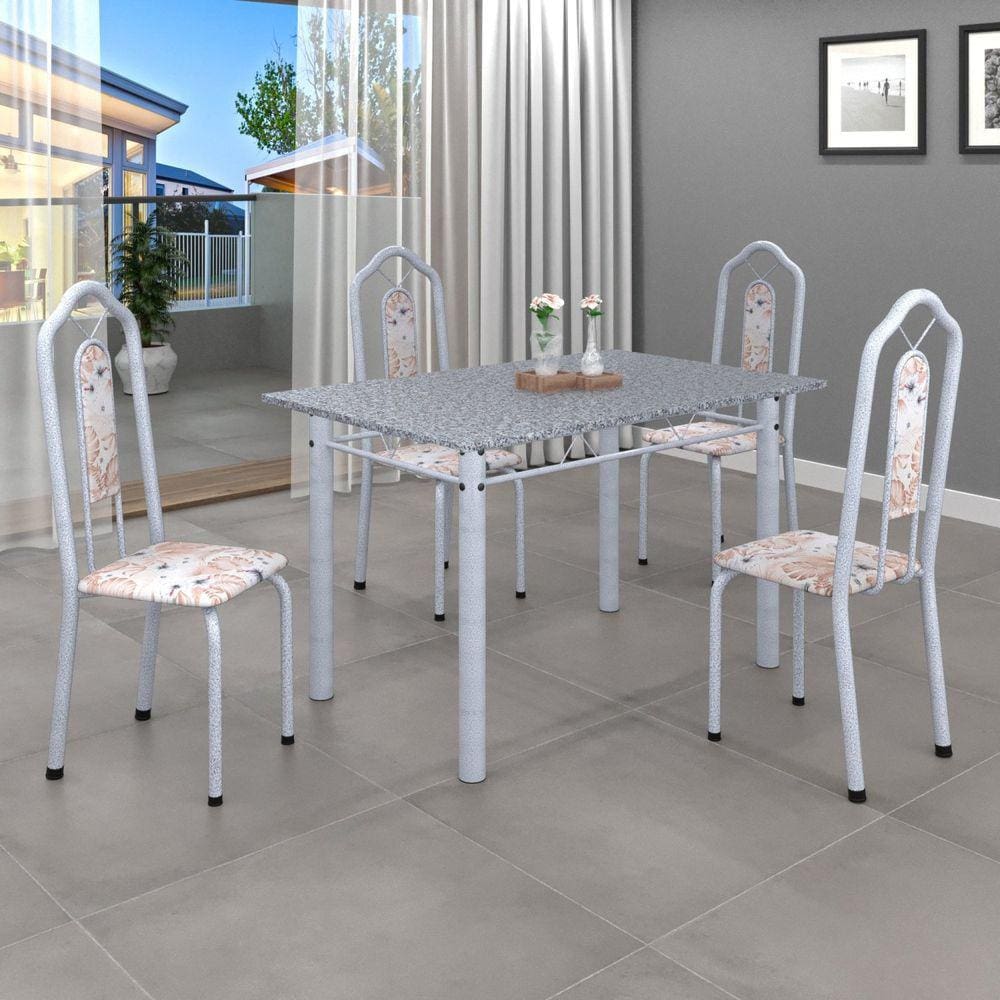 Conjunto de Mesa 120x75cm Tampo Granito com 4 Cadeiras Bianca Soma Móveis Botanic Bege/Mart Pérola/Granito Ocre