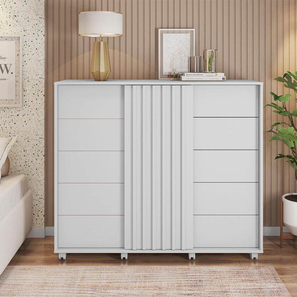 Cômoda 05 Gavetas 02 Portas e Rodízios Pegasus Branco Fosco Caemmun