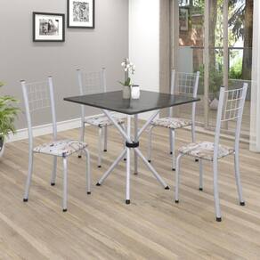 Conjunto de Mesa Tubular 70x70cm Tampo em Ardósia com 4 Cadeiras Dany Soma Móveis Botanic Bege/Martelado Pérola/Ardósia Indiano