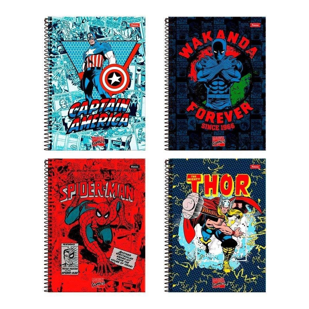 Caderno Espiral Foroni Universitário Capa Dura Marvel 1 Matéria 80 Folhas - Embalagem com 4 Unidades
