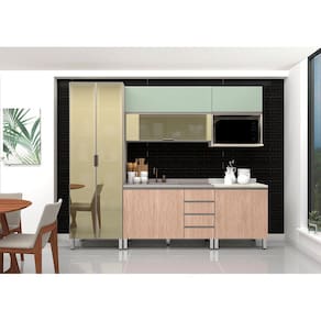 Armário de Cozinha Compacta 6 Peças sem Tampo Legno Crema com Cumaru e Verde Luci Luciane Móveis