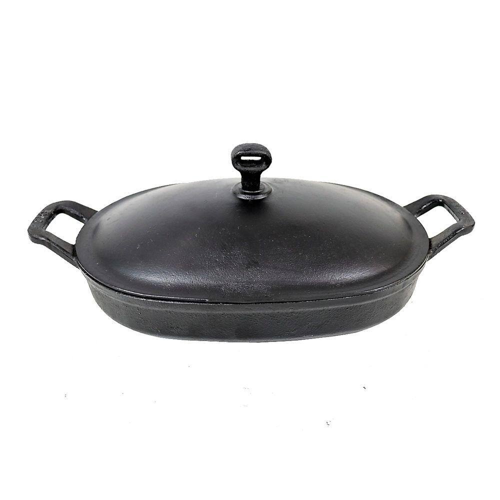 Assadeira De Ferro Lisa Oval Alça Ferro Com Tampa 35X24Cm