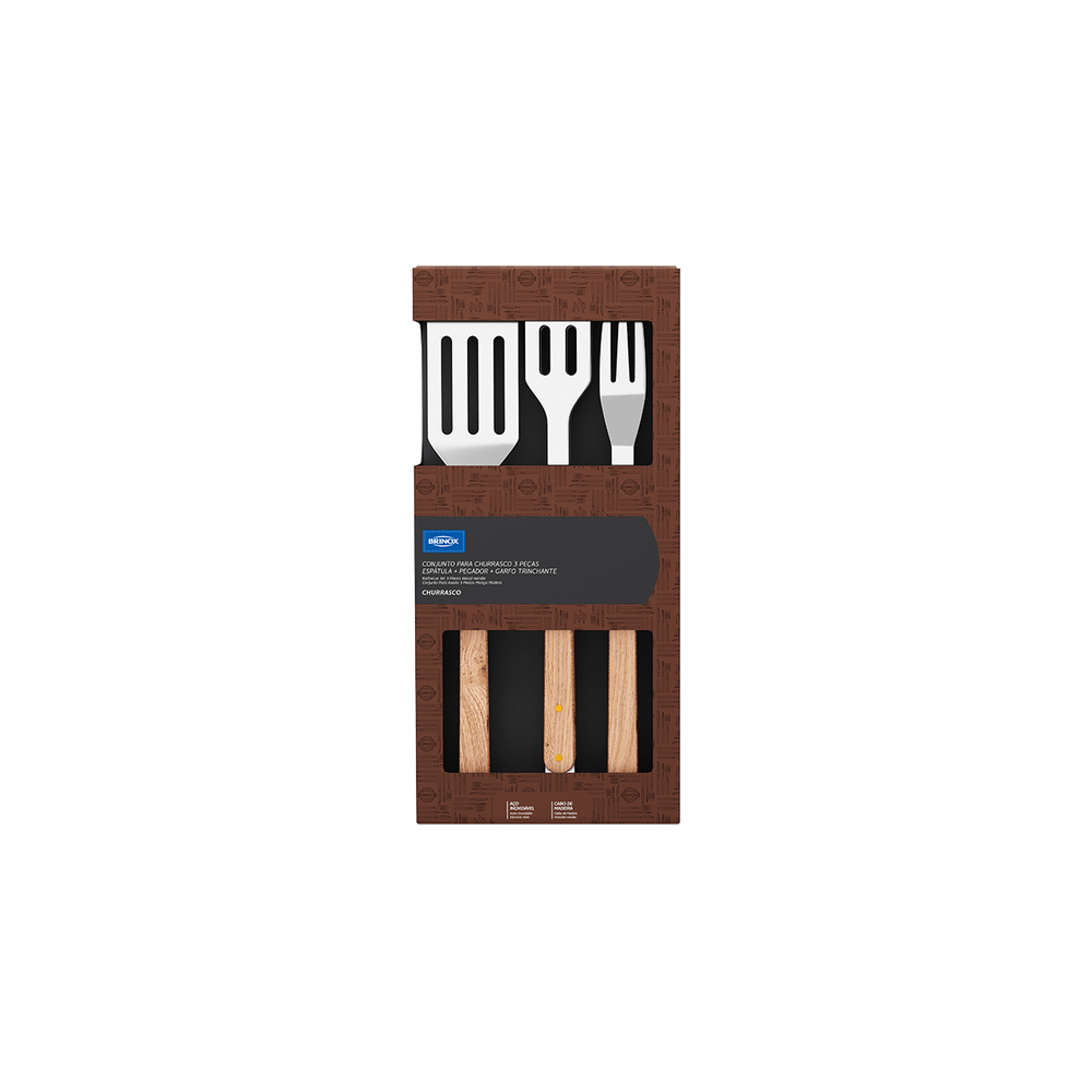 Kit Churrasco Brinox Espátula, Garfo Trinchante E Pegador 3 Peças Em Aço Inox e Madeira