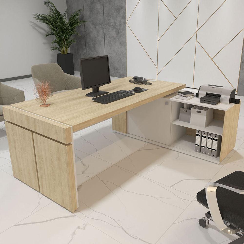 Mesa Para Escritório Diretor Connect Iii 1 Porta 2 Prateleiras Carvalho/branco - Artany Móveis