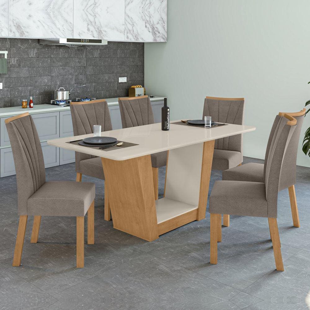 Conjunto Sala de Jantar Mesa 170x90cm Tampo MDF/Vidro com 6 Cadeiras Apogeu Móveis Lopas Amêndoa Clean/Off White/Animale Bege