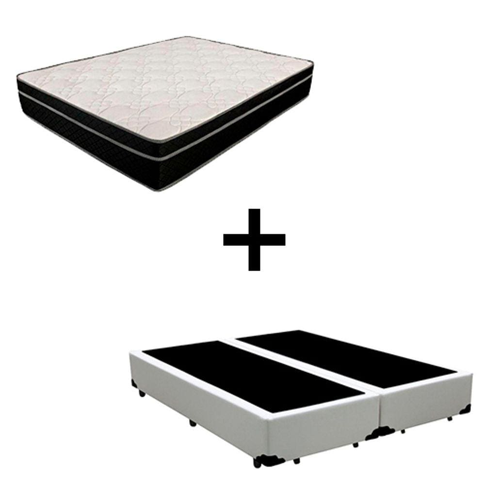 Cama Box Casal 138 Bipartido - Tecido Sintético Branco com Colchão Paris - Molas Ensacadas Preto 66x138x188