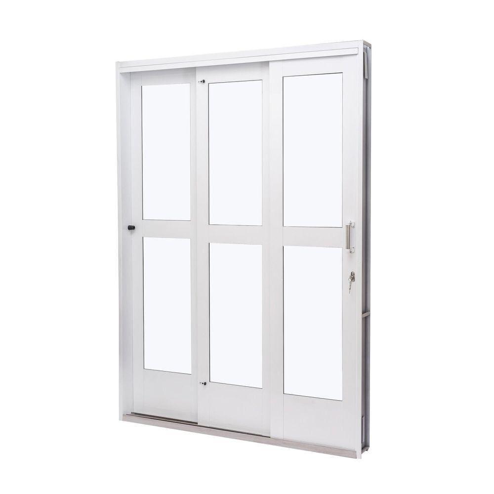Porta de Aço de Correr 215x152cm 3 Folhas com Vidro Liso Qualitysol Ramassol Branco
