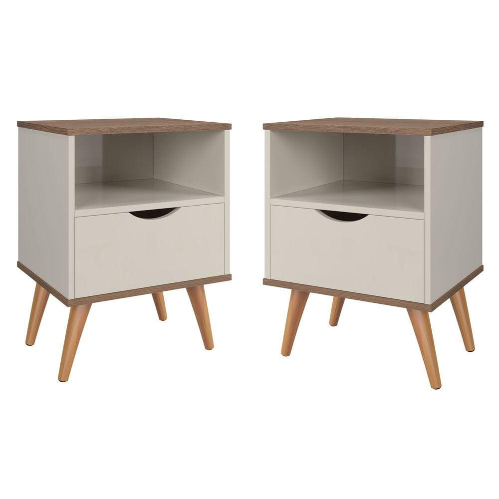 Conjunto 2 Mesa De Cabeceira Grécia Estilo Retrô com Nicho Pés Em Madeira Maciça