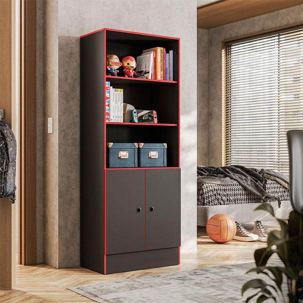 Armário Gamer 4095 Ambiente Preto Fosco Vermelho - Qmovi