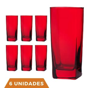 Copo Vidro 320ml Quadrado BALI Jogo com 6 Vermelho Luxo