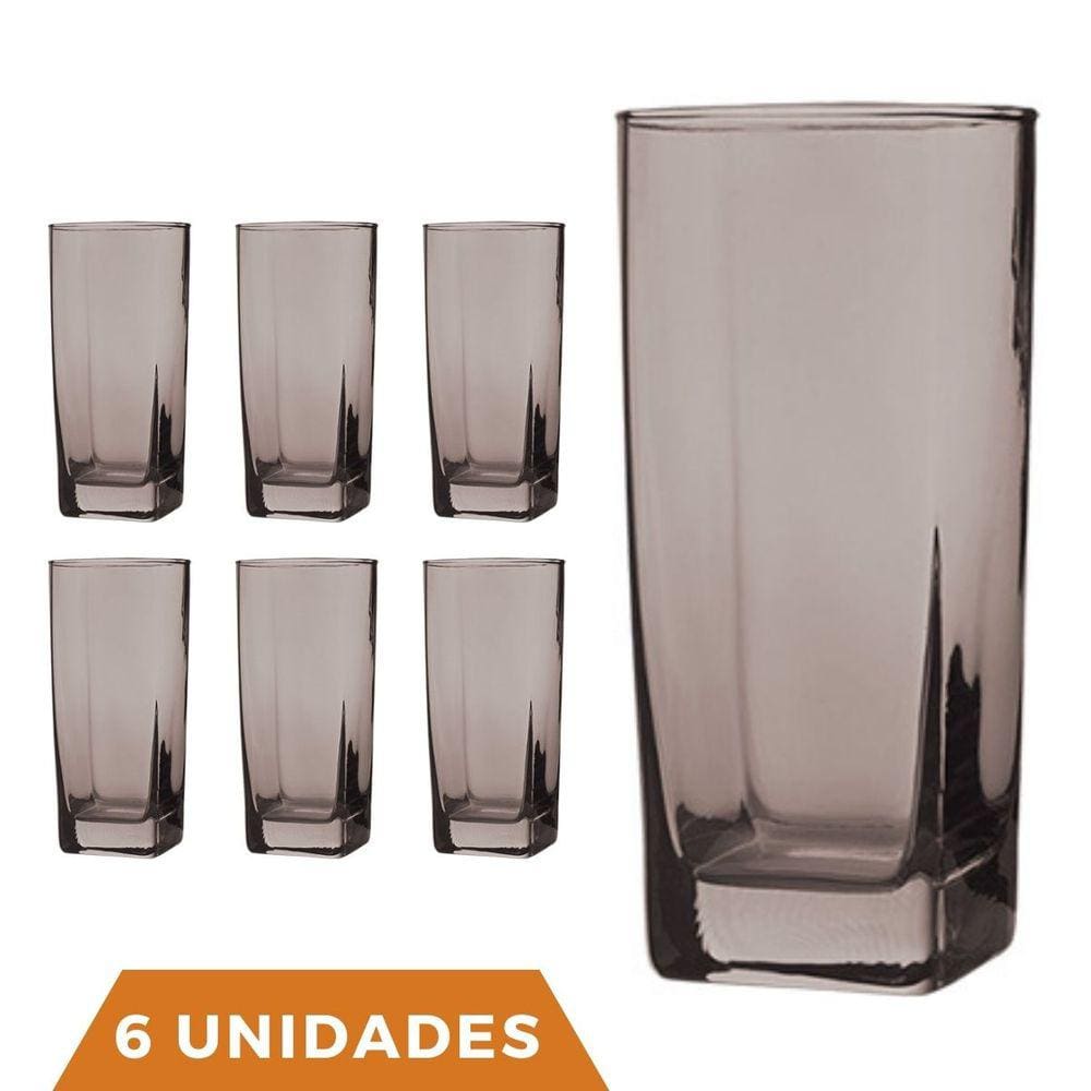 Copo Vidro 320ml Quadrado BALI Jogo com 6 Cinza Luxo