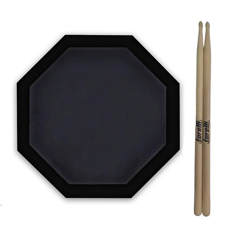 Kit Pad Estudo Bateria 12Pol e Baquetas Marfim Torelli TQ200