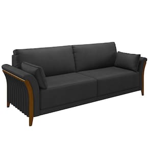 Sofá Living 3 Lugares 222cm Pés Madeira Roya M22 PU Preto - Mpozenato
