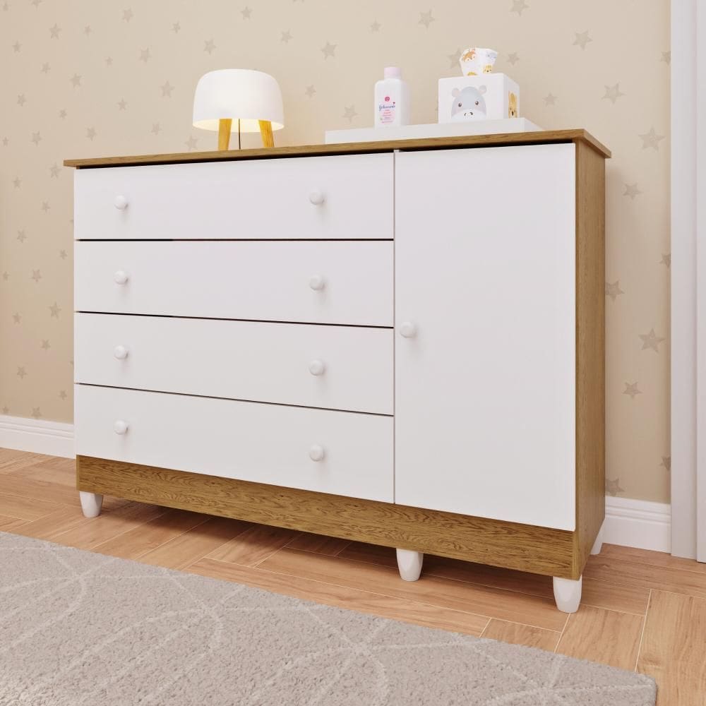 Cômoda Infantil Bebê Taís 4 Gavetas com Porta Fraldário Branco com Bétula Carolina Baby