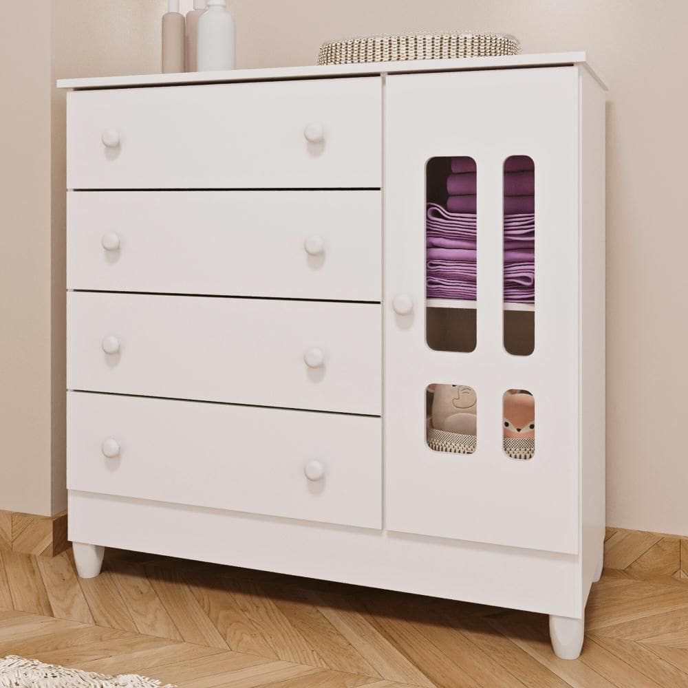 Cômoda Infantil Bebê Ariel 4 Gavetas com Porta Fraldário Branca Carolina Baby