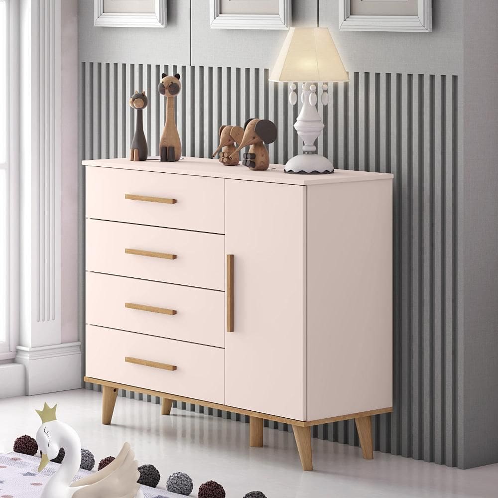 Cômoda Infantil Retrô 4 Gavetas com Porta Ludmila Rosê com Bétula Carolina Baby