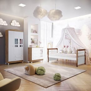 Quarto Infantil Completo Ariel Cama da Babá Júlia Guarda Roupa 3 Portas Cômoda 4 Gavetas com Porta Branco Fosco Amadeirado Carolina Baby