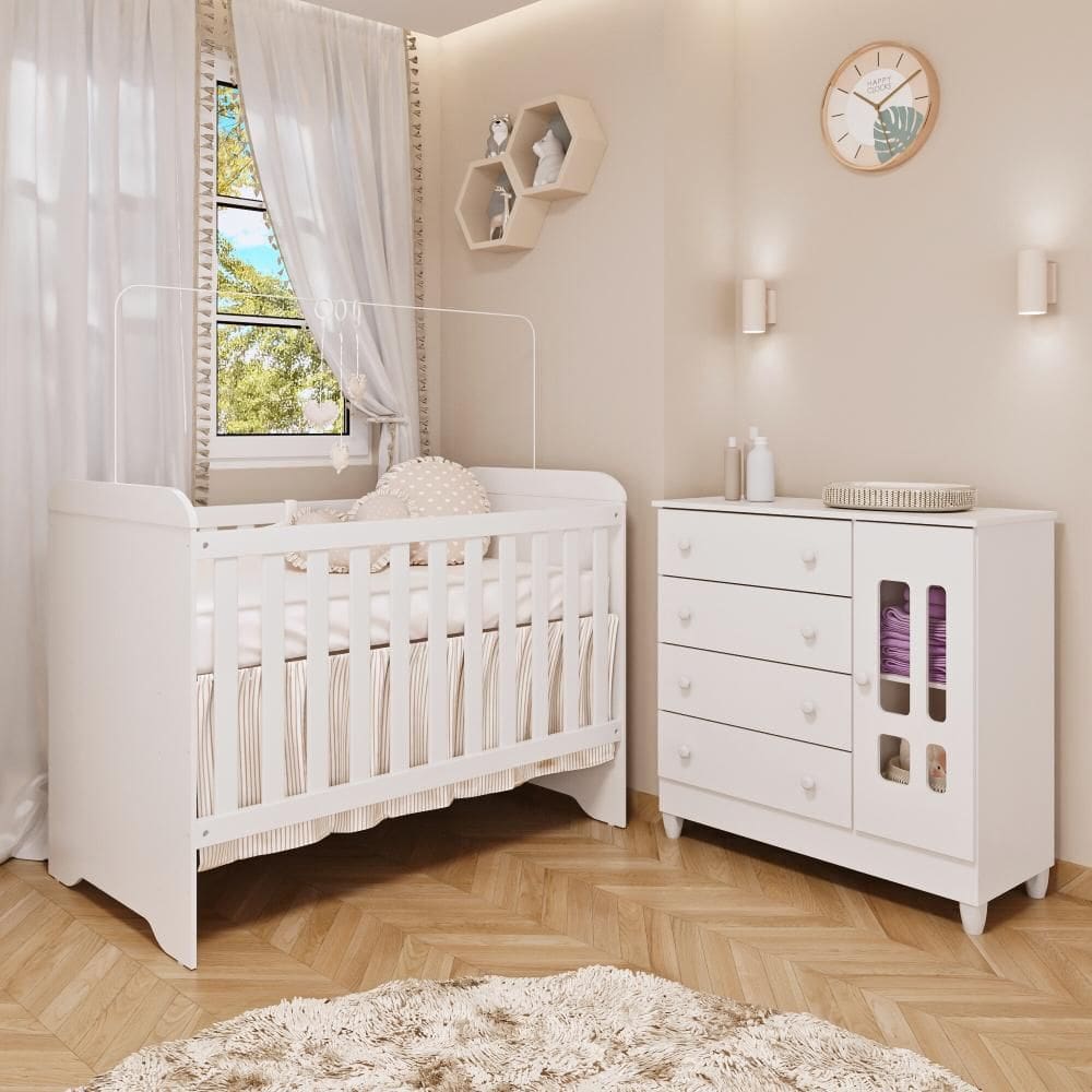 Quarto de Bebê Gabrielle Cômoda com Fraldário Ariel Berço 3 em 1 Branco Carolina Baby