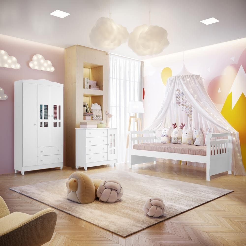 Quarto Infantil Ariel Completo Cama da Babá Júlia Guarda Roupa 3 Portas Cômoda Infantil 4 Gavetas com Porta Branco Brilho Carolina Baby