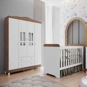 Quarto de Bebê Ariel Berço 3 em 1 Gabrielle Guarda Roupa 4 Portas Infantil Branco Amadeirado Carolina Baby