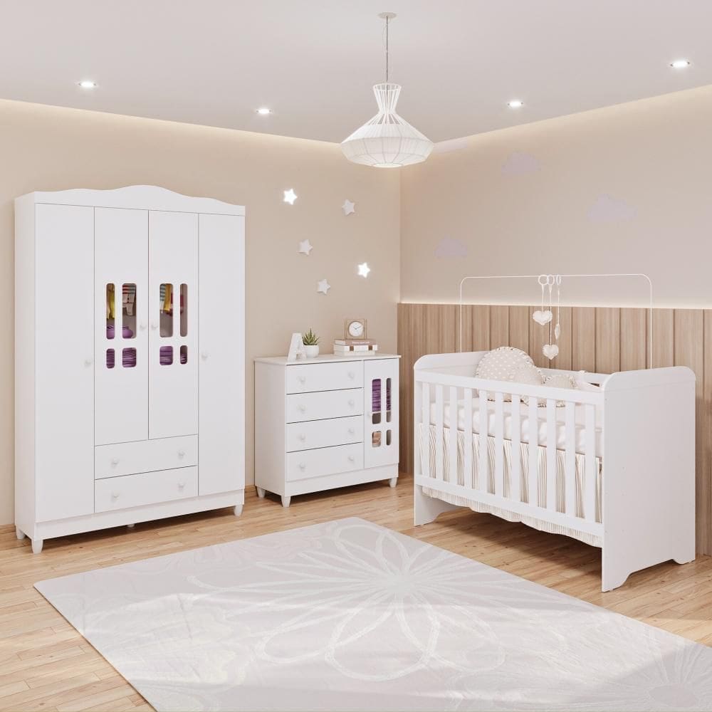 Quarto de Bebê Gabrielle Guarda Roupa 3 Portas Cômoda com Fraldário Berço 3 em 1 Branco Carolina Baby