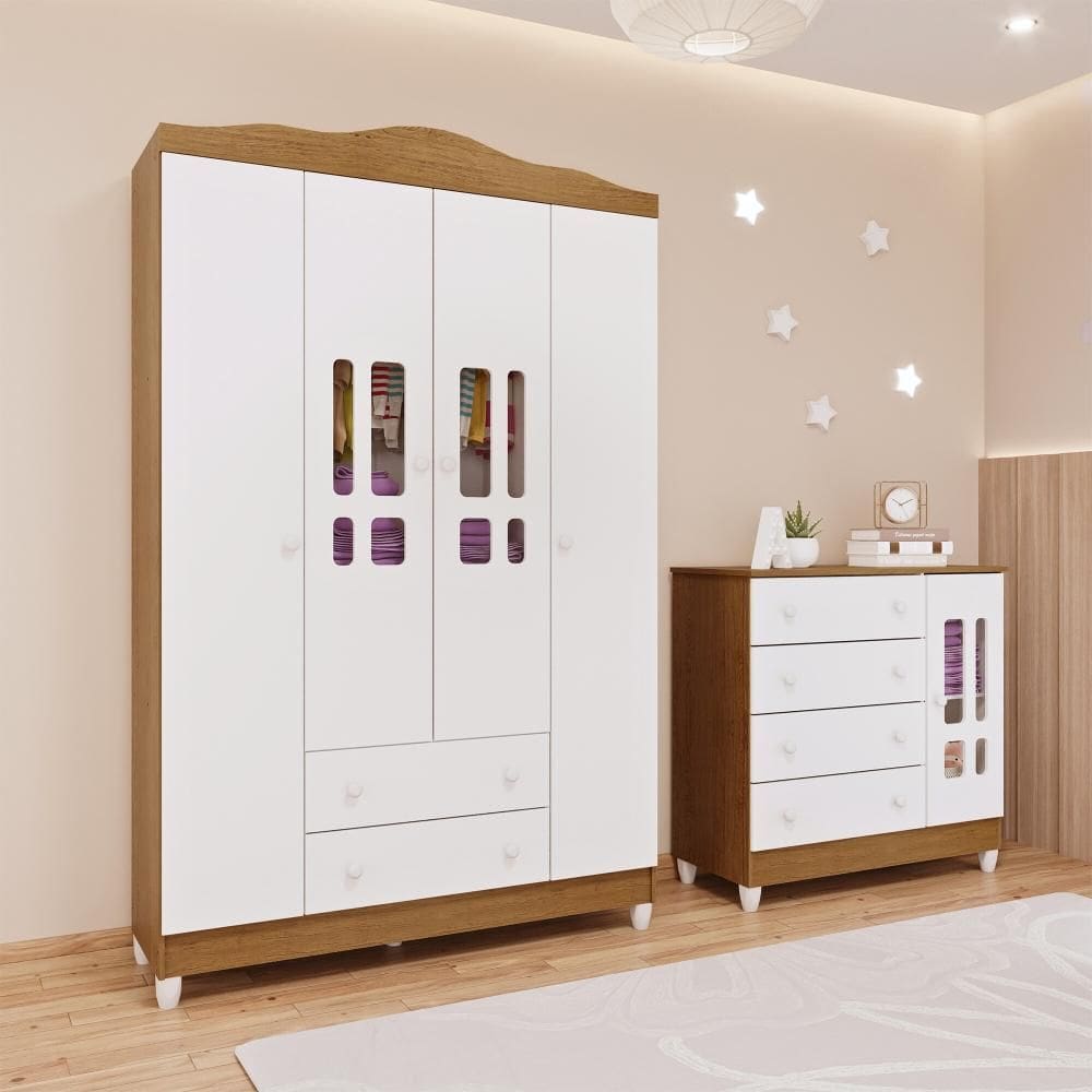 Quarto de Bebê Ariel Guarda Roupa 4 Portas Cômoda 4 Gavetas com Porta Branco com Bétula Carolina Baby