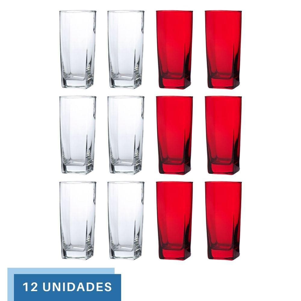 Kit Copos de Vidro 320ml 6 Vermelho / 6 Transparente Texas