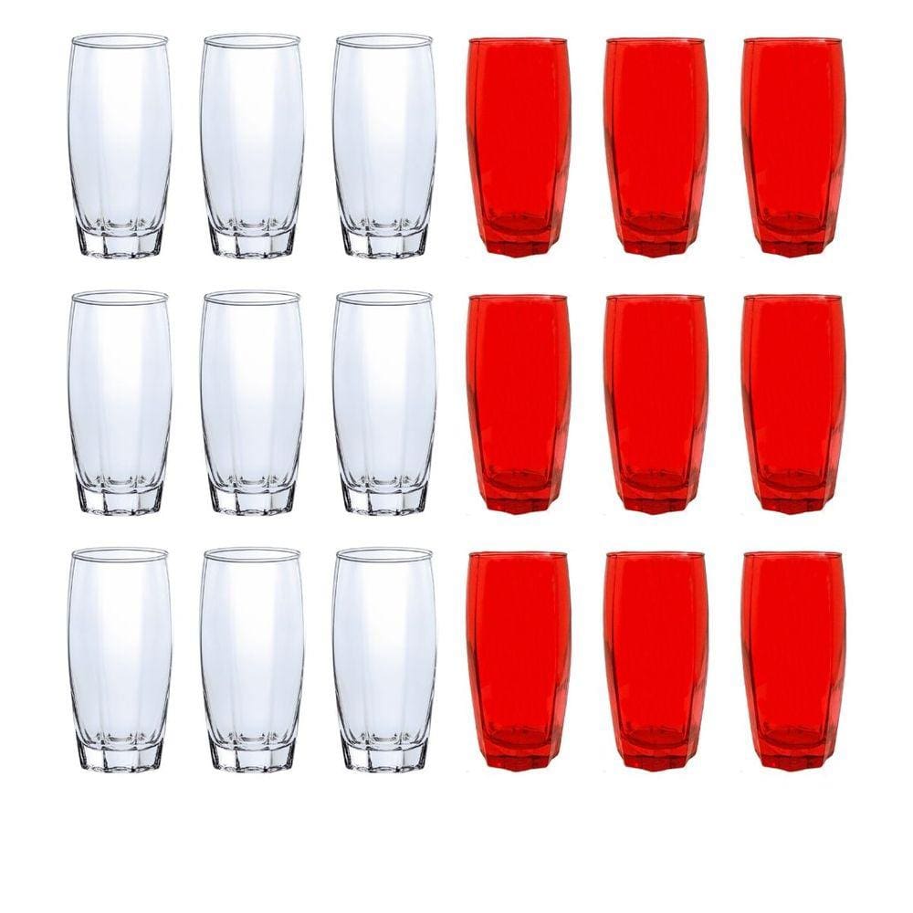 18 Copo 370ml 9x Transparente 9x Vermelho Florida Vidro