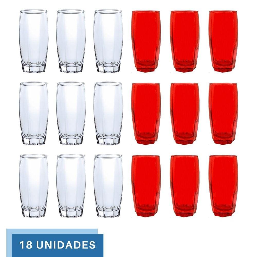 Kit Copo Vidro 370ml 9 Vermelho / 9 Transparente Florida
