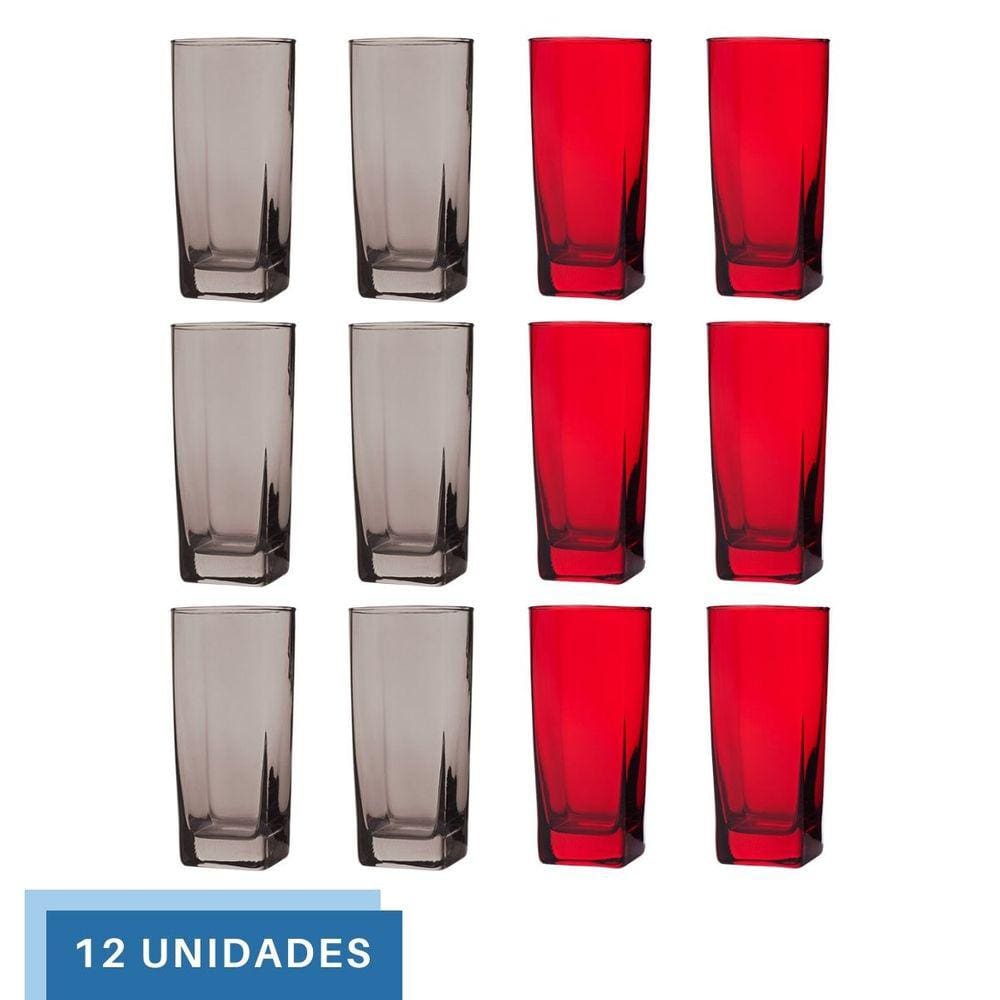 Kit Copos de Vidro 320ml 6 Vermelho /6 Cinza Texas Agua