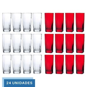 Kit Copos de Vidro 320ml 12 Vermelho / 12 Transparente Texas