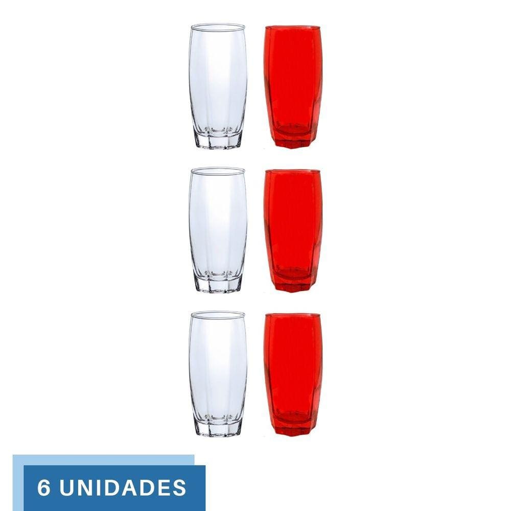 Kit Copo Vidro 370ml 3 Vermelho / 3 Transparente Florida