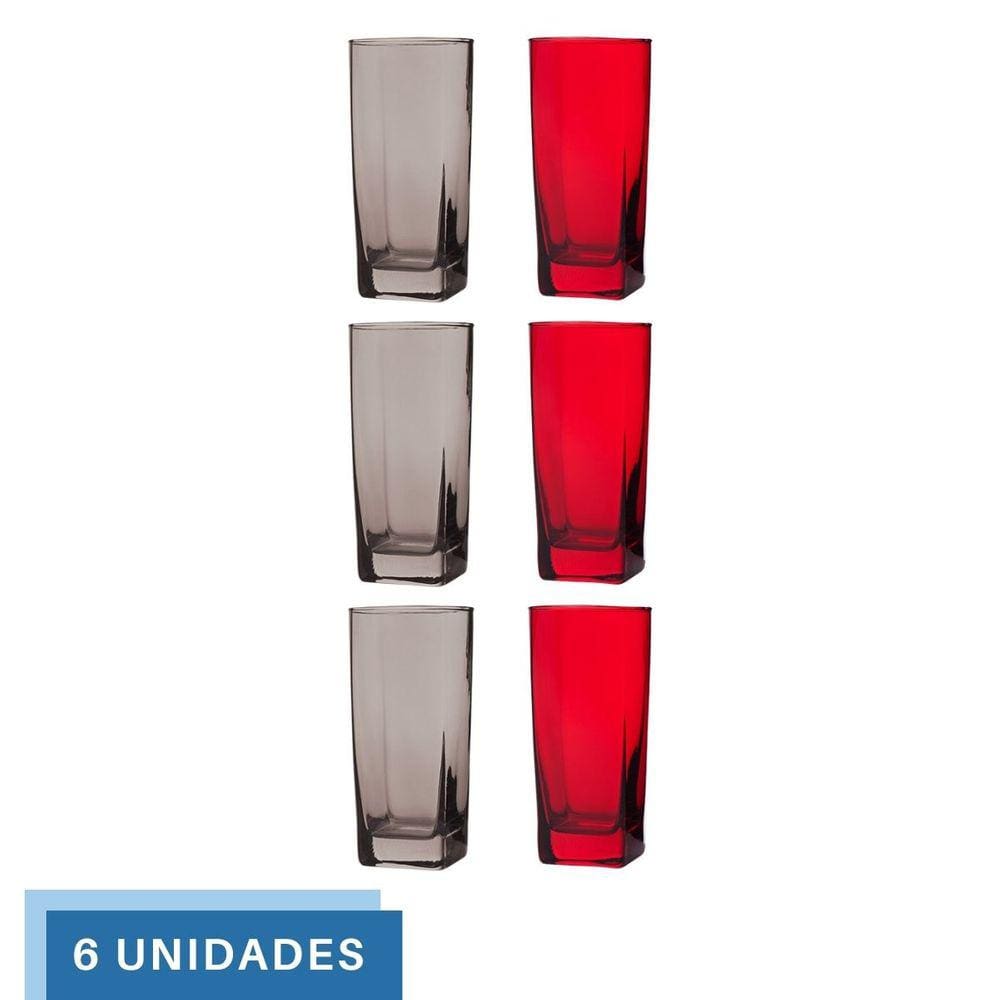 Kit Copos de Vidro 320ml 3 Vermelho / 3 Cinza Texas Agua